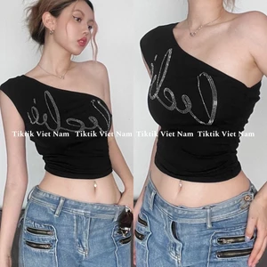 Áo lệch vai chất thun cotton co giãn màu đen đính chữ đá lấp lánh phong cách Y2K ALV001 - Tiktik