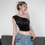 Áo lệch vai chất thun cotton co giãn màu đen đính chữ đá lấp lánh phong cách Y2K ALV001 - Tiktik