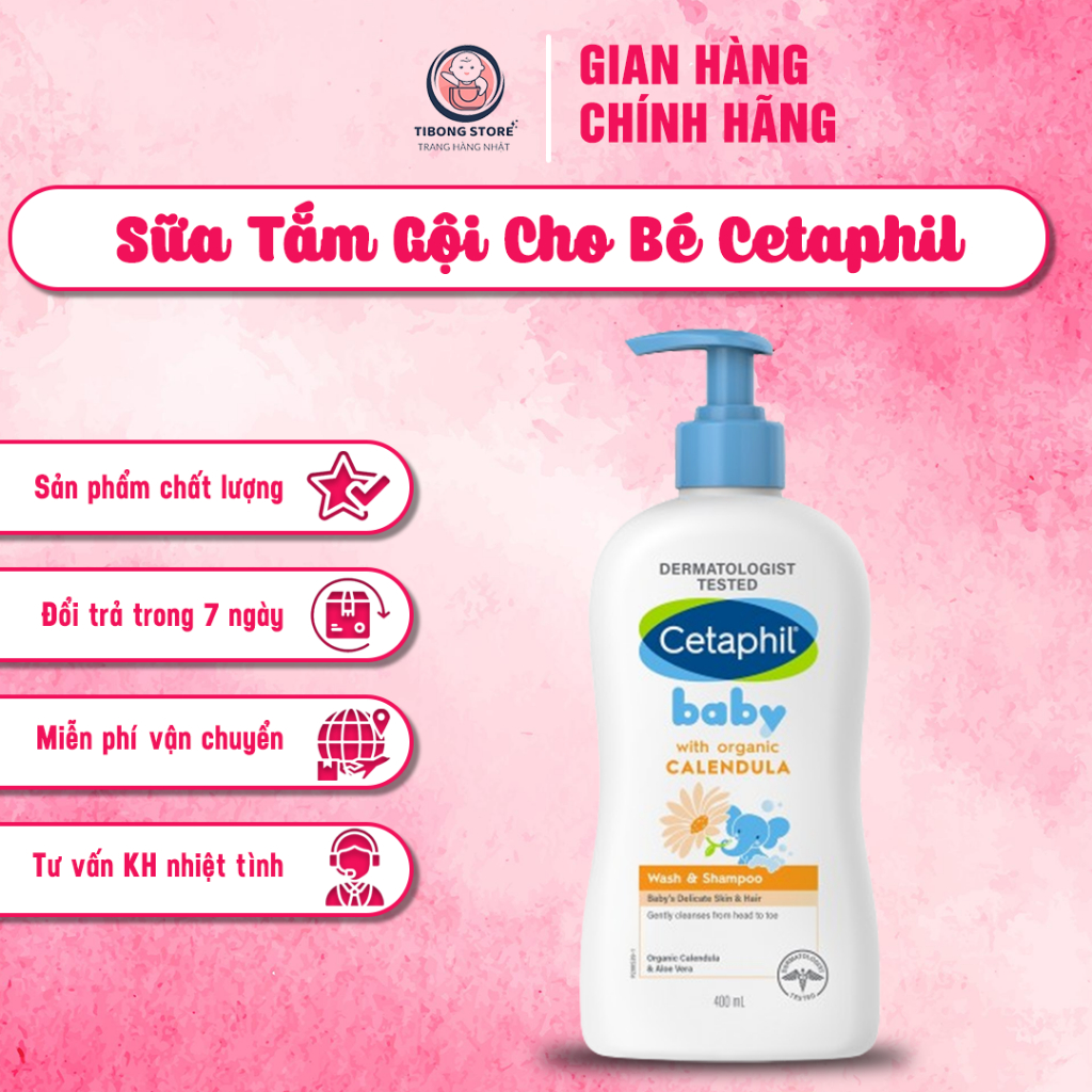Sữa Tắm Gội Cho Bé Cetaphil Baby Wash & Shampoo - Sữa Tắm Em Bé Tibong Store Với Hoa Cúc Hữu Cơ Organic Calendula 400ml