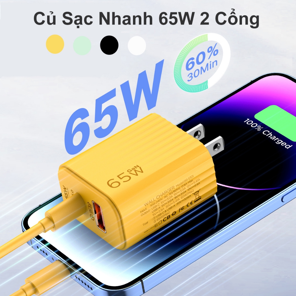 Củ Sạc Nhanh 65W 2 Cổng Cao Cục Sạc USB C Cho iPhone Samsung Huawei ...