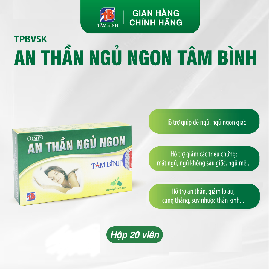 Ảnh Hộp 20 viên An thần ngủ ngon Tâm Bình - Hỗ trợ giảm mất ngủ, ngủ không sâu giấc, lo âu, căng thẳng 2