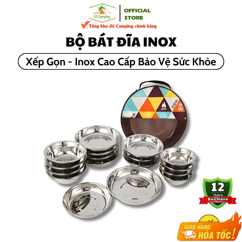 Bộ bát đĩa inox xếp gọn 17 chiếc có túi đựng CLS, bộ chén đĩa dã ngoại ...