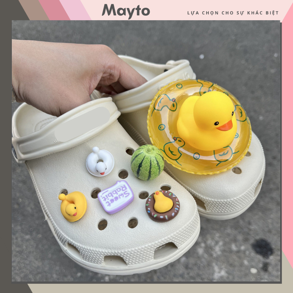 Set Sticker, Charm 3D chủ đề vịt vàng DIY gắn Dép Cross, Dép Sục, Cá ...