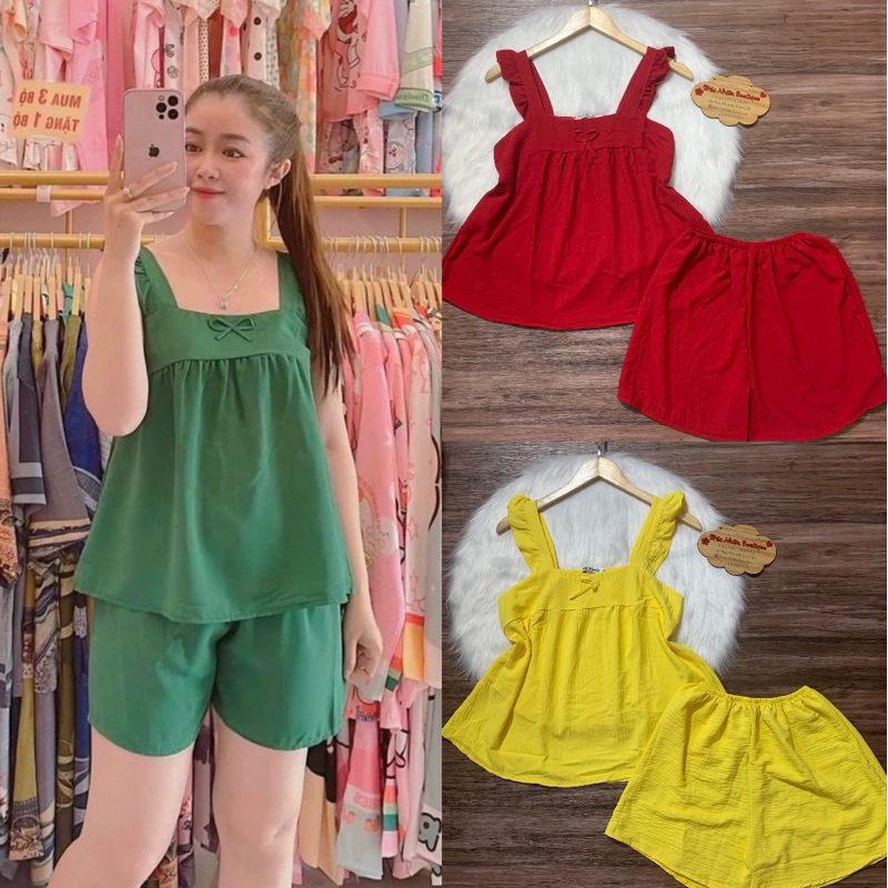 Bộ đồ mặc nhà vải đũi, đồ bộ mặc ngủ tay cánh tiên xinh phom 40-63kg