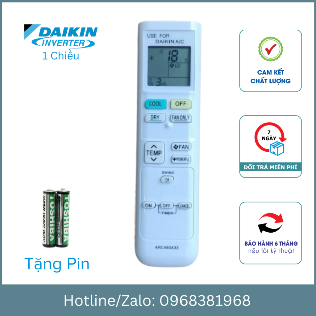 Điều khiển điều hòa DaiKin Inverter 1 Chiều Mẫu Dài (Tặng Pin ...