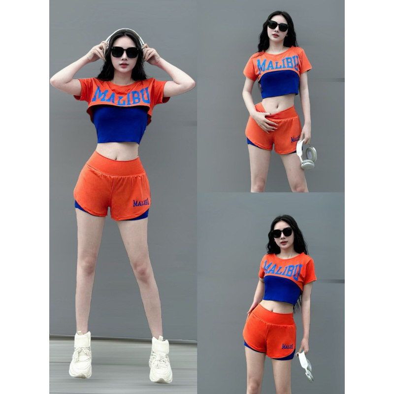 [HOT TREND] Bộ Thể Thao Nữ, Quần Đùi 2 Lớp, Áo 2 Chi Tiết Phối Màu, Bộ Tập Erobic, Nhảy Zumba TS03