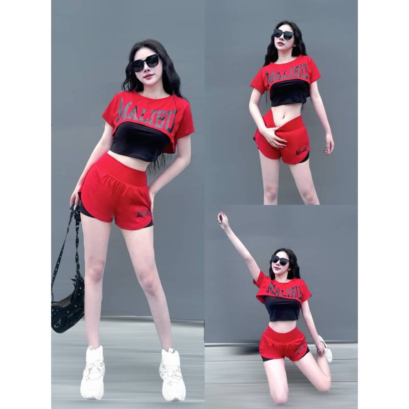 [HOT TREND] Bộ Thể Thao Nữ, Quần Đùi 2 Lớp, Áo 2 Chi Tiết Phối Màu, Bộ Tập Erobic, Nhảy Zumba TS03