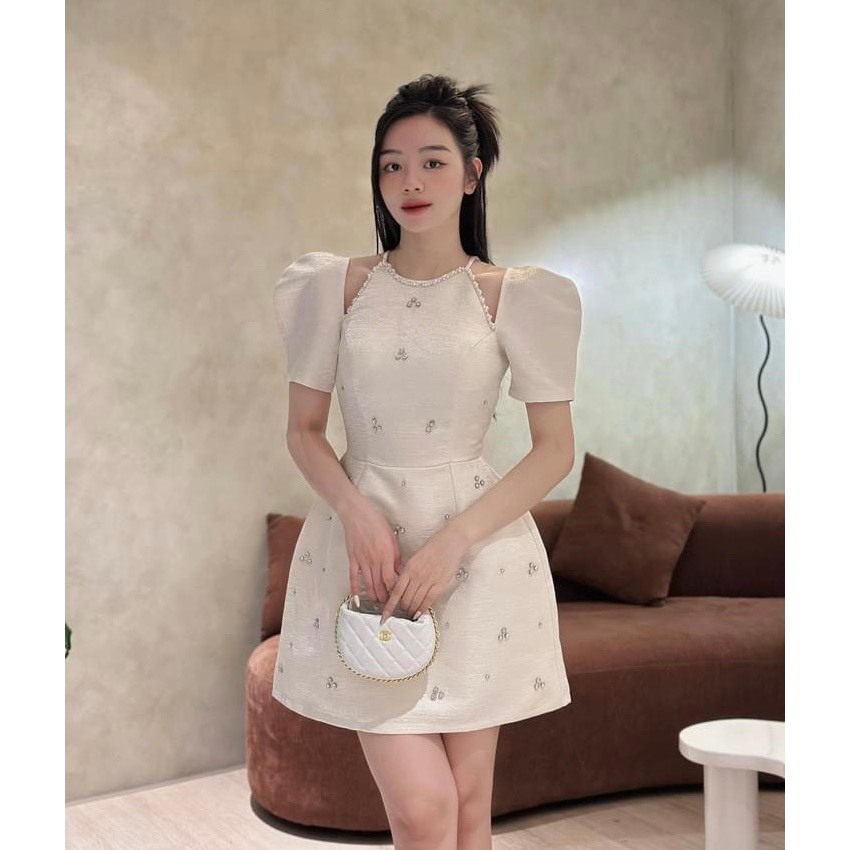 Bandy Dress - Đầm Mini Xòe Tay Phồng  Đính Hoa Nổi