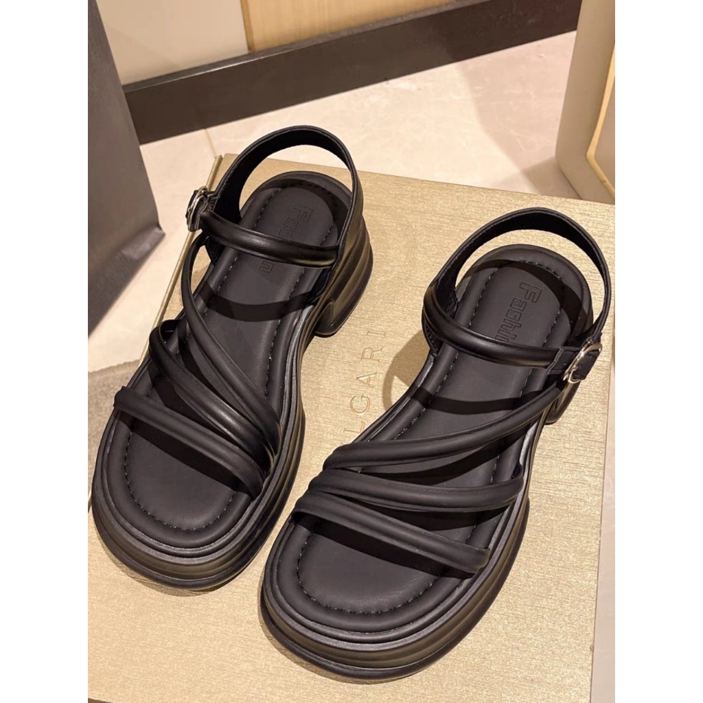 Sandal Nữ Xỏ Ngón Dây Da Mảnh Quai Chéo Đế Độn 5cm Khoá Vuông (Hàng Nội địa Trung Full Hộp)