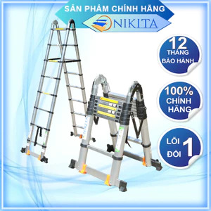 Thang nhôm rút đôi có bánh xe di chuyển tiện lợi, thanh giằn gia cố đảm bảo an toàn, khóa thang 2 lớp - NIKITA