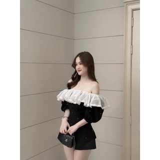 Set trễ vai phối bèo Quảng Châu thiết kế đính ngọc siêu xinh, Set đồ nữ dự tiệc trẻ trung rẻ đẹp