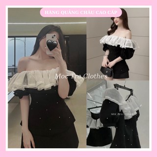Set trễ vai phối bèo Quảng Châu thiết kế đính ngọc siêu xinh, Set đồ nữ dự tiệc trẻ trung rẻ đẹp