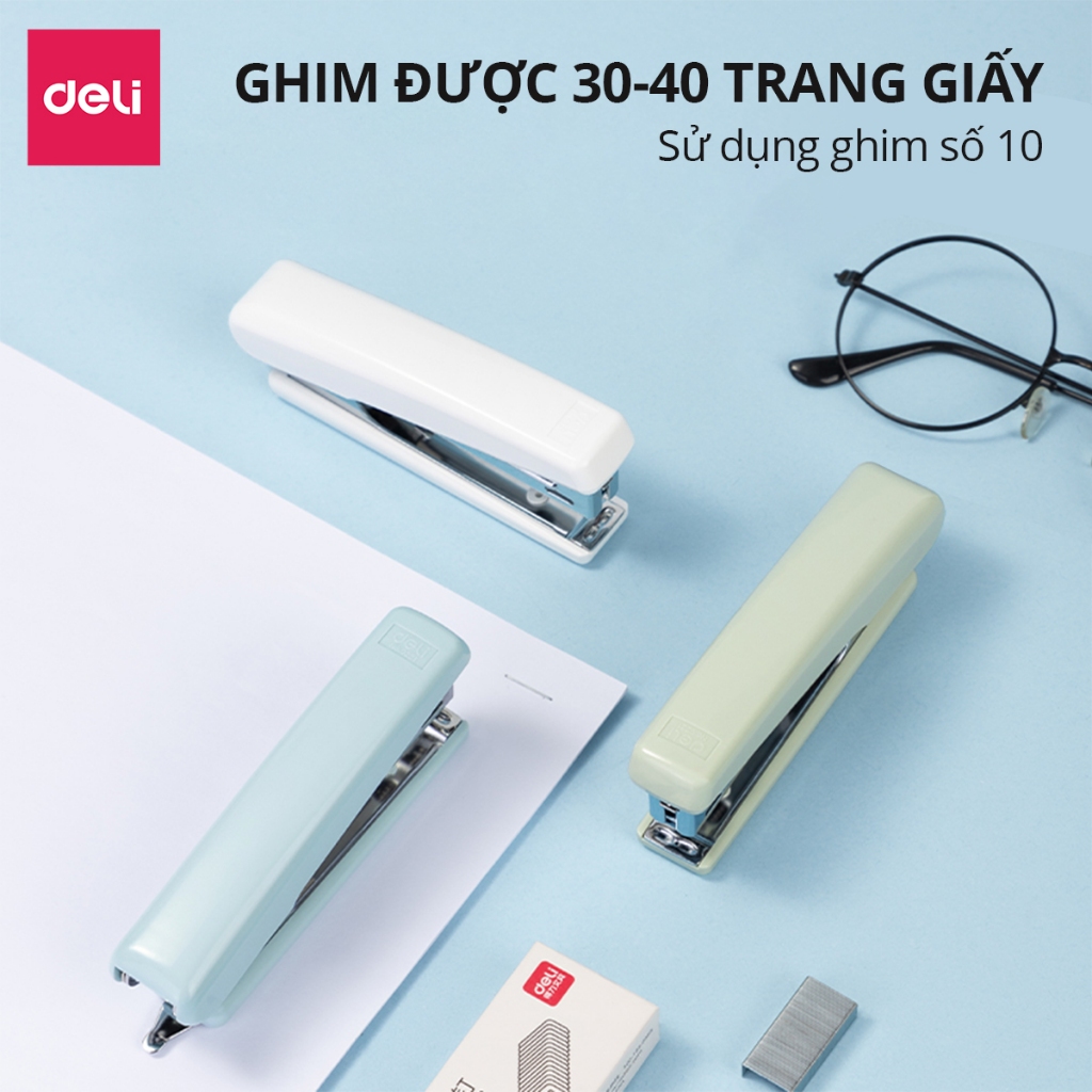 Dập Ghim Học Sinh Văn Phòng Mini Deli 30 Trang Ghim Bấm Giấy Số 10 Màu Pastel Nhỏ Gọn Tiện Lợi