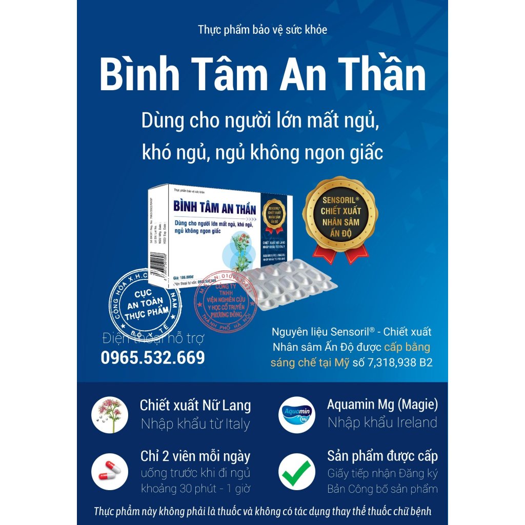 Viên uống BÌNH TÂM AN THẦN, hỗ trợ dễ ngủ, ngủ ngon giấc, dành cho người mất ngủ, khó ngủ
