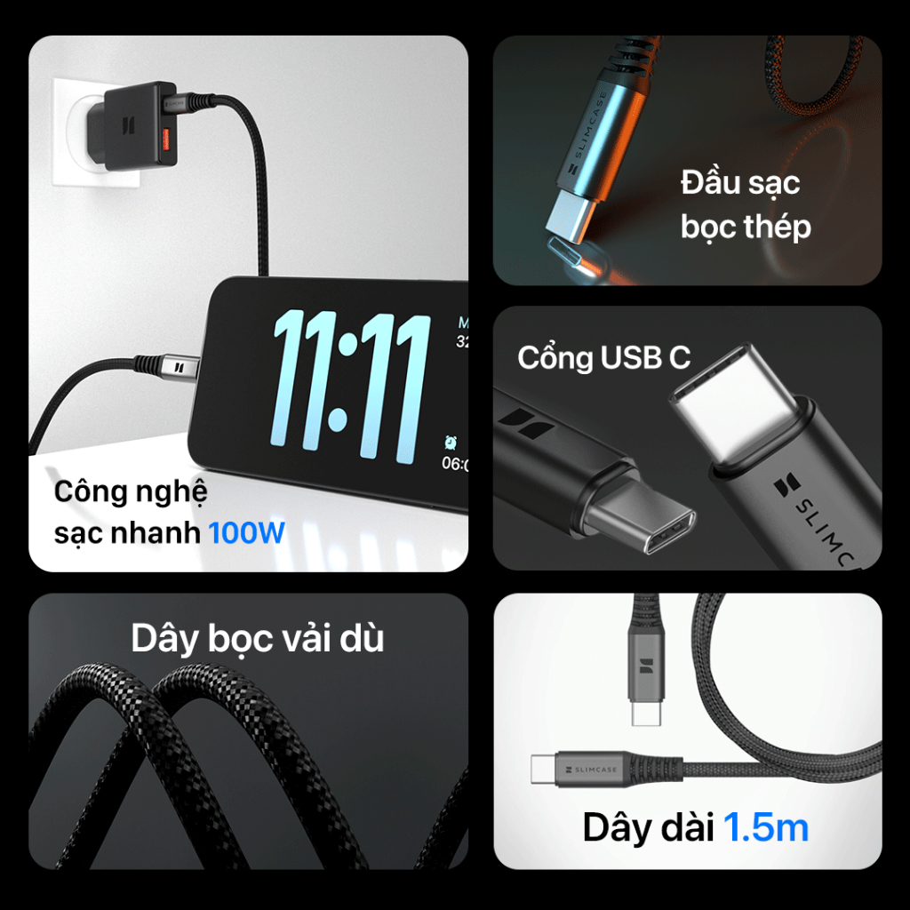 Dây sạc nhanh USB C-C 60W SLIMCASE dài 100cm - Bọc dù siêu bền, sạc nhanh chưa đầy 45 phút