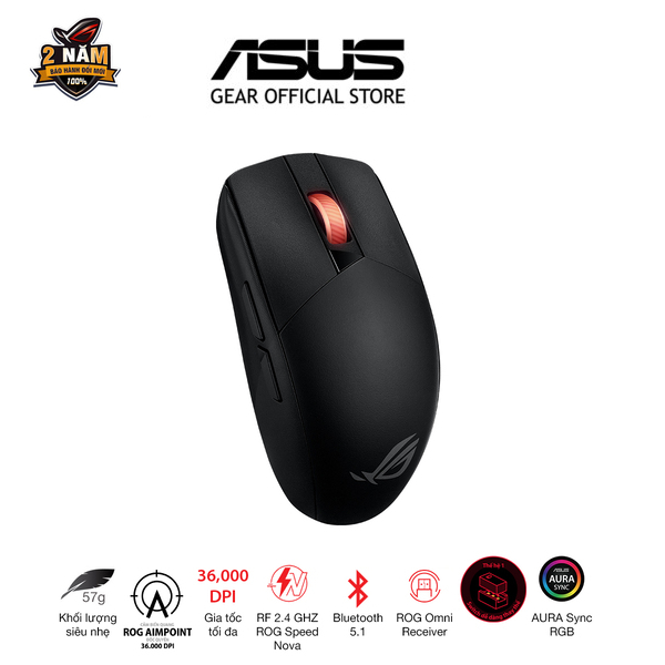 Chuột Game không dây Asus Rog Strix Impact III wireless, kết nối usb 2.4Hz / Bluetooh, DPI 36000, cảm biến Ampoint