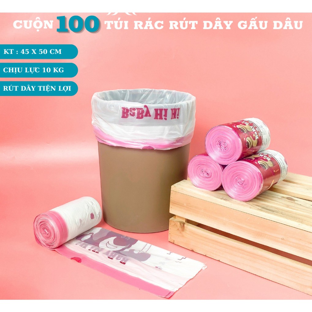 Túi đựng rác dây rút gấu dâu, cuộn 100 túi rác sinh học tự huỷ có dây ...
