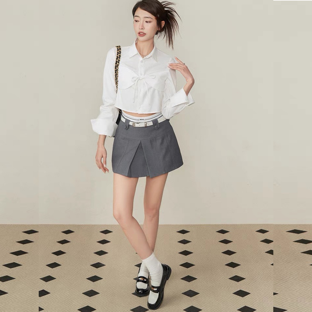 Áo sơ mi croptop nữ Sicily cổ bẻ dáng croptop nơ buộc SMBN09