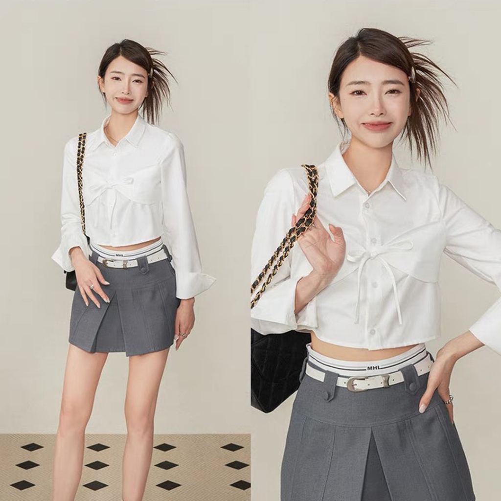 Áo sơ mi croptop nữ Sicily cổ bẻ dáng croptop nơ buộc SMBN09