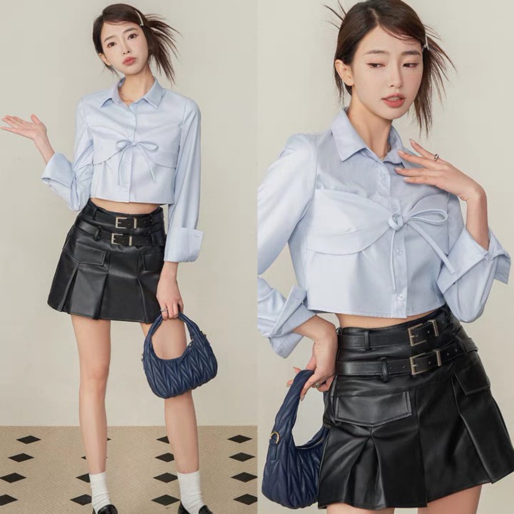 Áo sơ mi croptop nữ Sicily cổ bẻ dáng croptop nơ buộc SMBN09