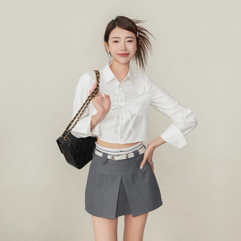Áo sơ mi croptop nữ Sicily cổ bẻ dáng croptop nơ buộc SMBN09
