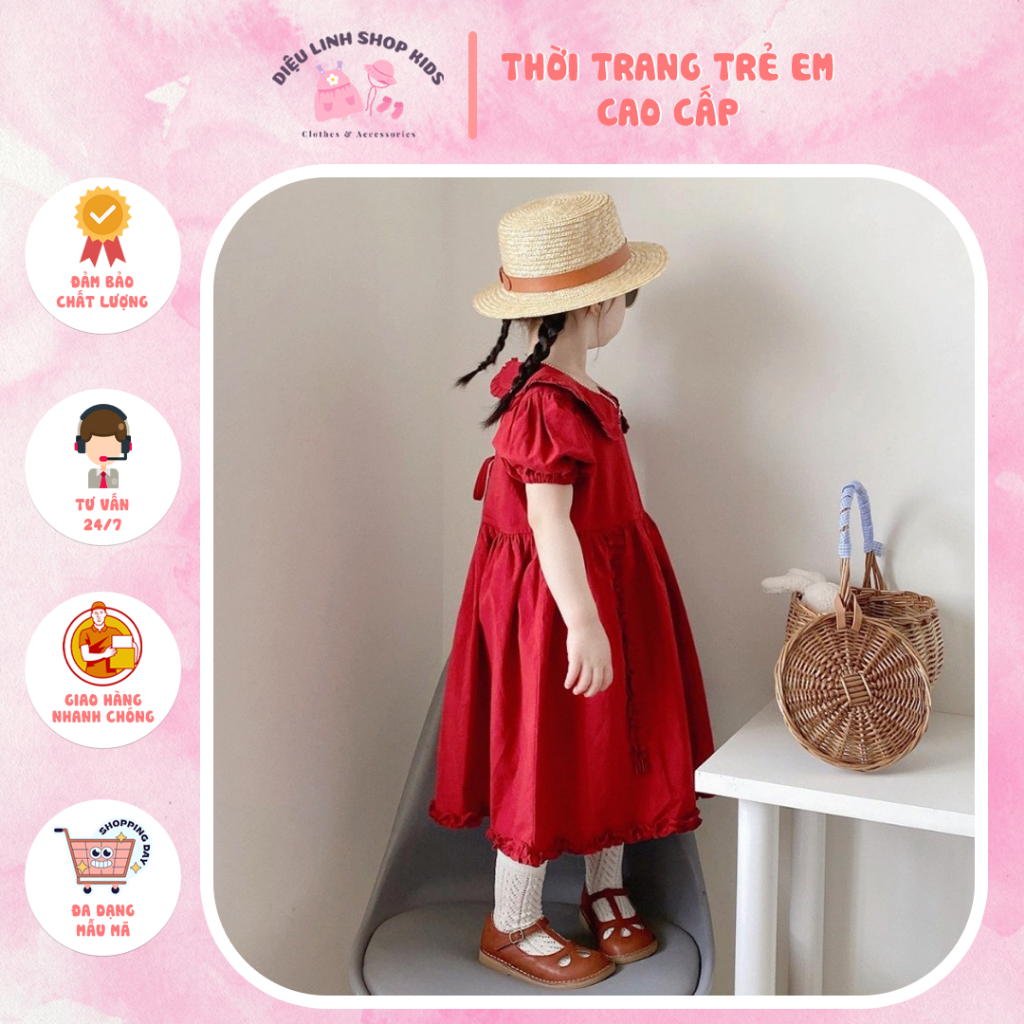 Váy  DL 07 Babydoll Cổ Sen Diệu Linh Shop Kids - Đầm Cho Bé Bèo Đỏ Siêu Sang Thiết Kế Thoải Mái Cho Bé Đi Chơi (9-30kg)