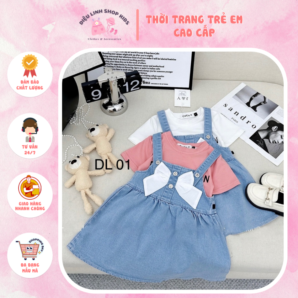Set Yếm Jean Nơ Diệu Linh Shop Kids - Yếm Cho Bé Gái Áo Cotton Kèm Gấu Xinh Phù Hợp Để Đi Chơi Và Đi Học DL01 (9-22kg)