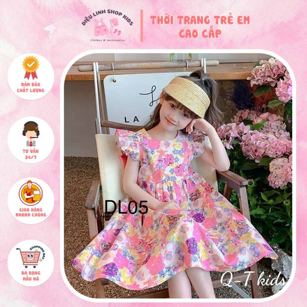 VáyDL05 Bé Gái Hoa Nơ Hồng Diệu Linh Shop Kids - Váy Cho Bé Gái Thiết Kế Váy Hoa Siêu Xinh Chất Liệu Mềm Mại ( 9-30kg)