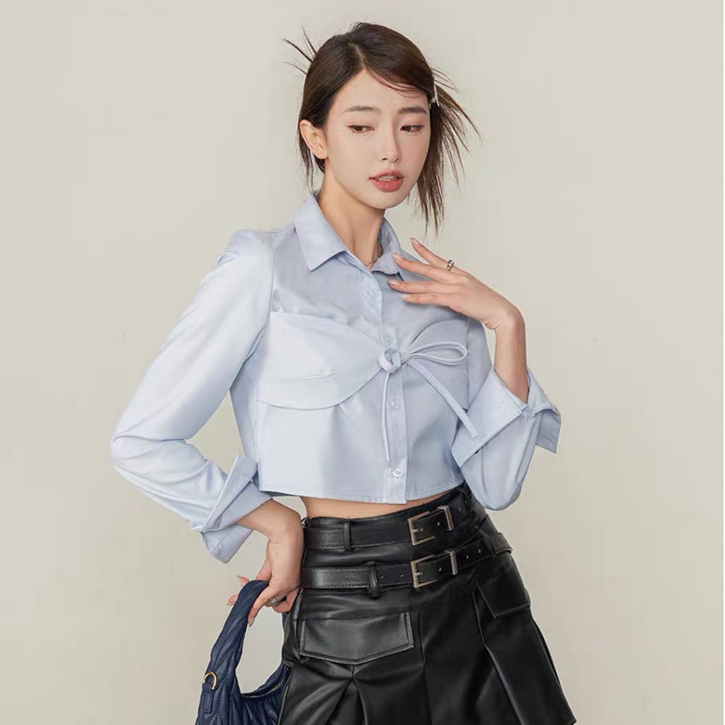 Áo sơ mi croptop nữ Sicily cổ bẻ dáng croptop nơ buộc SMBN09