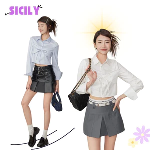 Áo sơ mi croptop nữ Sicily cổ bẻ dáng croptop nơ buộc SMBN09