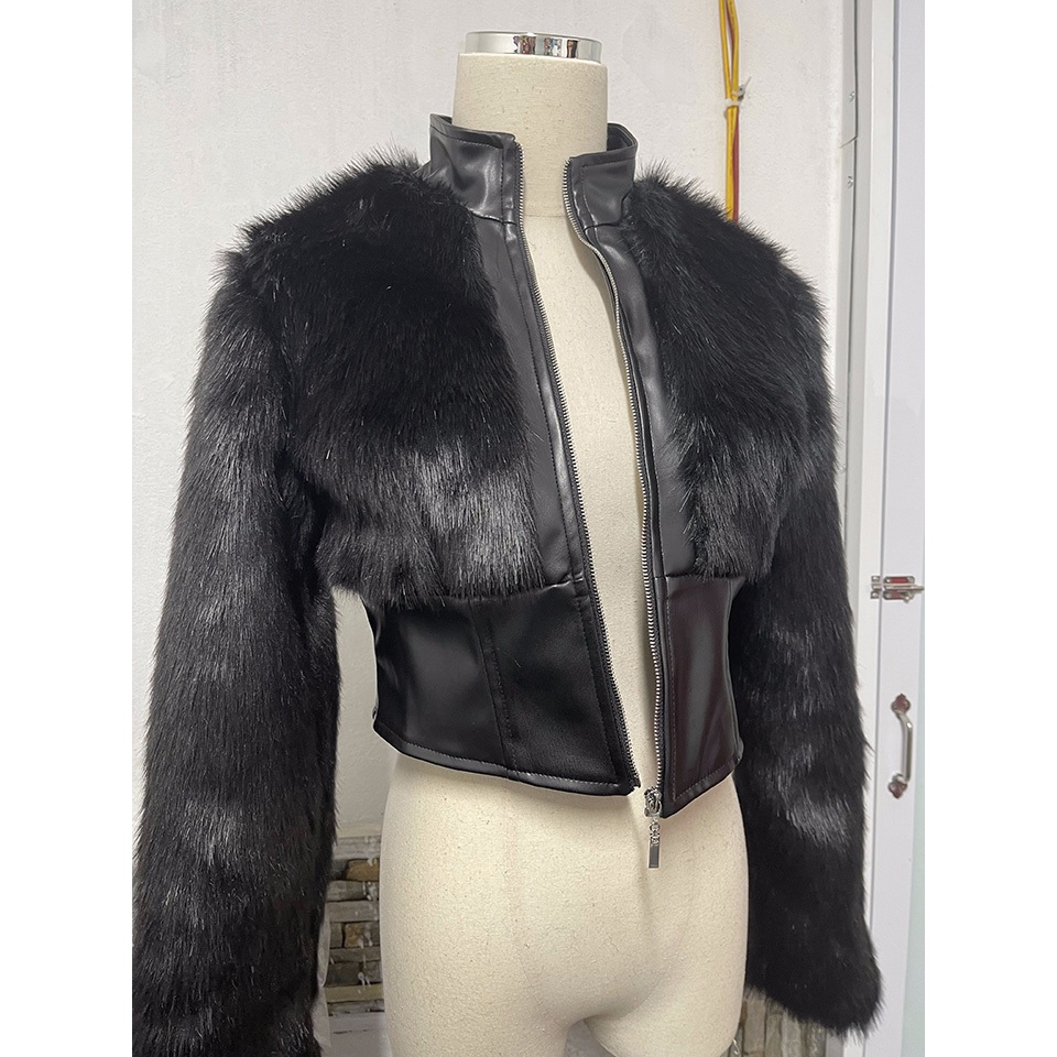 Áo khoác croptop da phối lông tôn dáng - Áo khoác dáng corsét cao cổ ôm eo