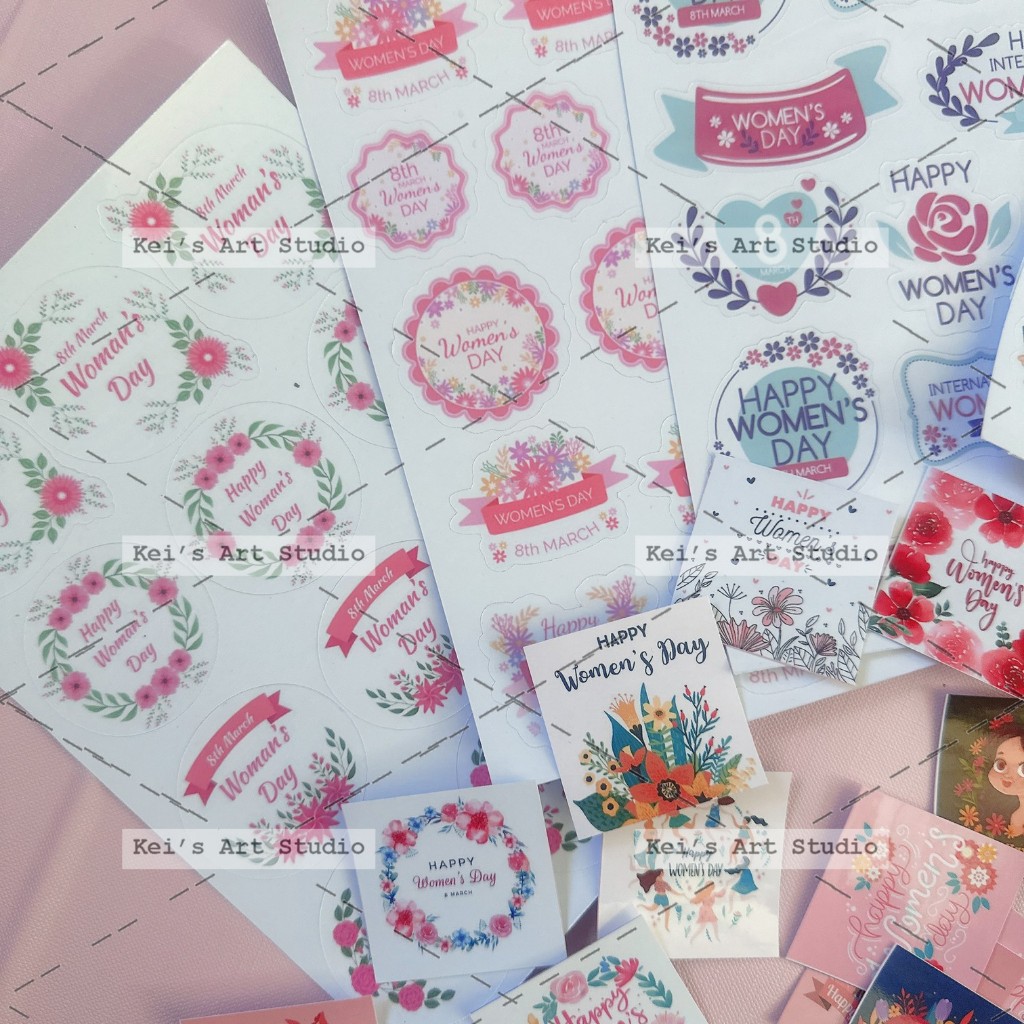 Set 35cái tem nhãn trang trí thiệp, thư, đơn hàng, quà tặng 8 tháng 3, women's day, 8/3, quốc tế phụ nữ