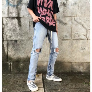 Quần Skinny Jeans xanh AMILY Vải Co Giãn,Có Zipper, bò rách gối to ngang có khóa ống chân
