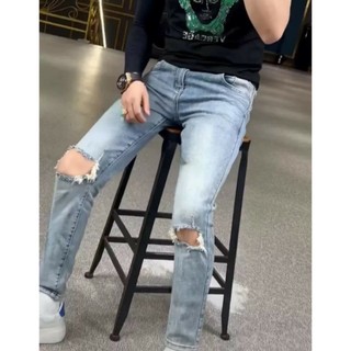 Quần Skinny Jeans xanh AMILY Vải Co Giãn,Có Zipper, bò rách gối to ngang có khóa ống chân