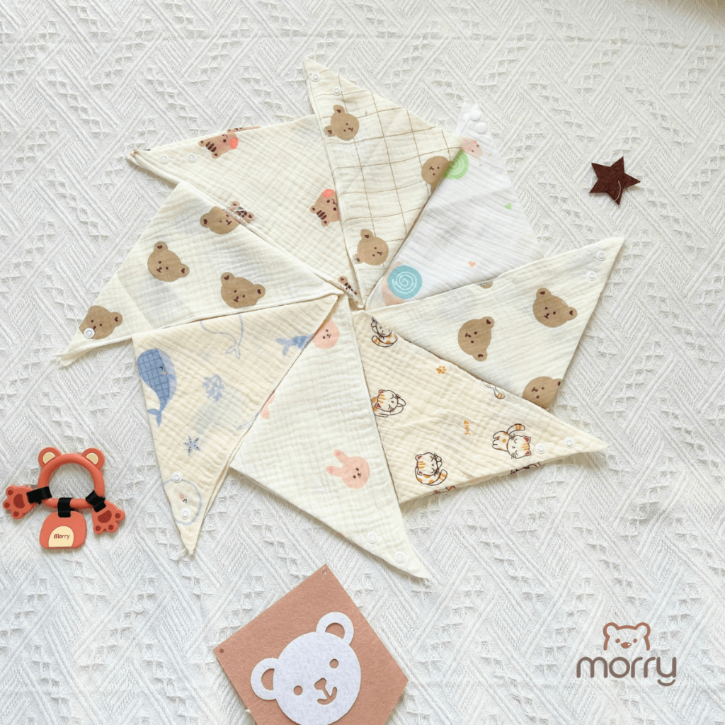 Set 5 yếm xô Muslin Morry cho bé - 4 lớp cao cấp, mềm mại và đáng yêu cho bé Đậu Đậu Store