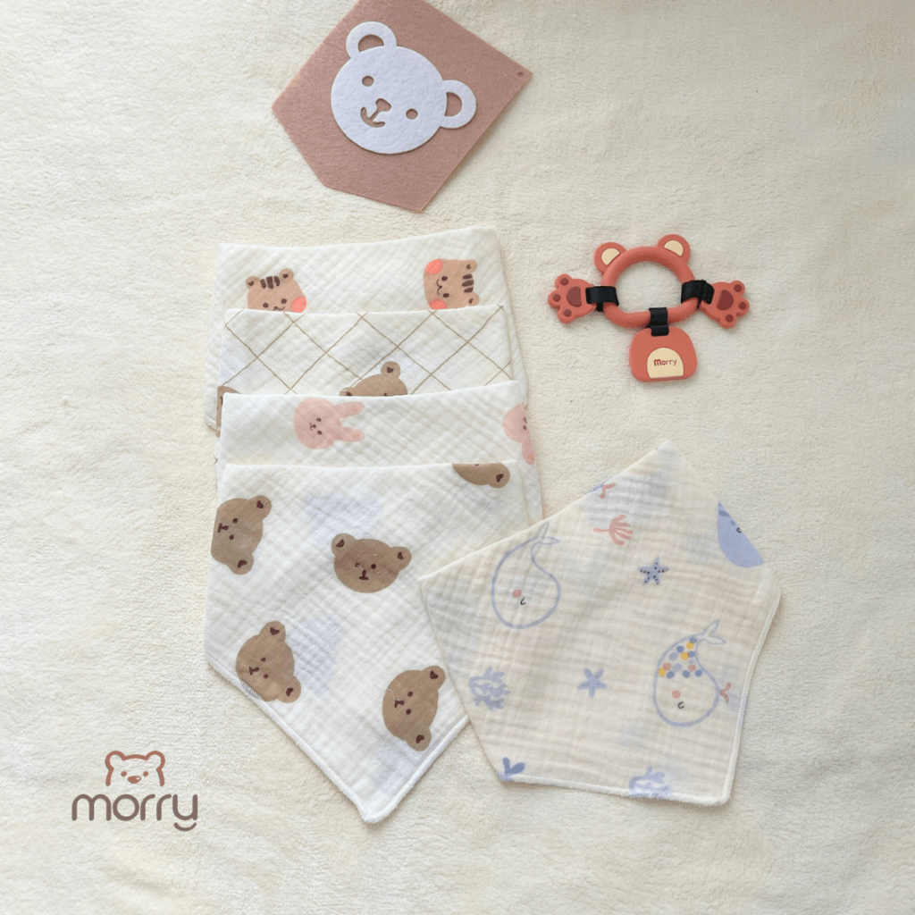Set 5 yếm xô Muslin Morry cho bé - 4 lớp cao cấp, mềm mại và đáng yêu cho bé Đậu Đậu Store