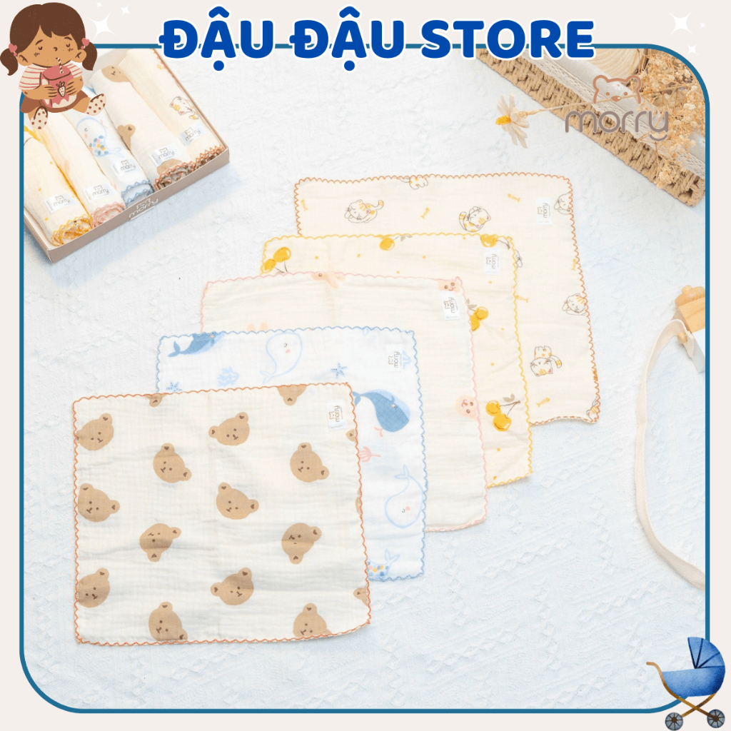 Khăn sữa xô Muslin Morry cho bé 2 lớp cao cấp, mềm mại và an toàn cho da bé - KT 30x30cm Đậu Đậu Store (HỘP 06 KHĂN)