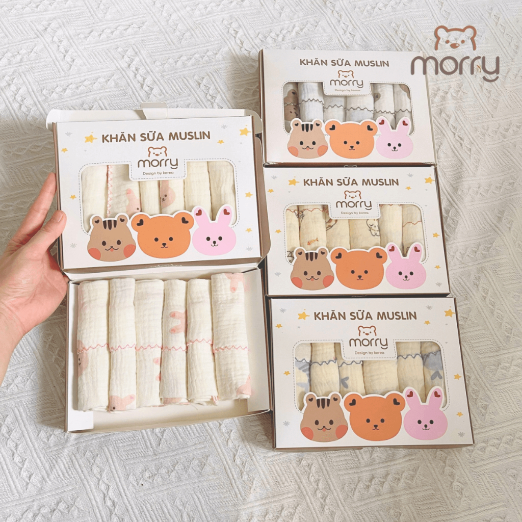 Khăn sữa xô Muslin Morry cho bé 2 lớp cao cấp, mềm mại và an toàn cho da bé - KT 30x30cm Đậu Đậu Store (HỘP 06 KHĂN)