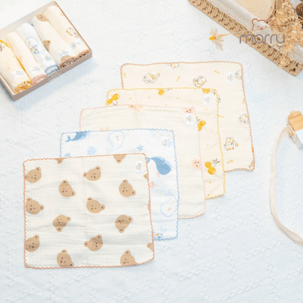 Khăn sữa xô Muslin Morry cho bé 2 lớp cao cấp, mềm mại và an toàn cho da bé - KT 30x30cm Đậu Đậu Store (HỘP 06 KHĂN)