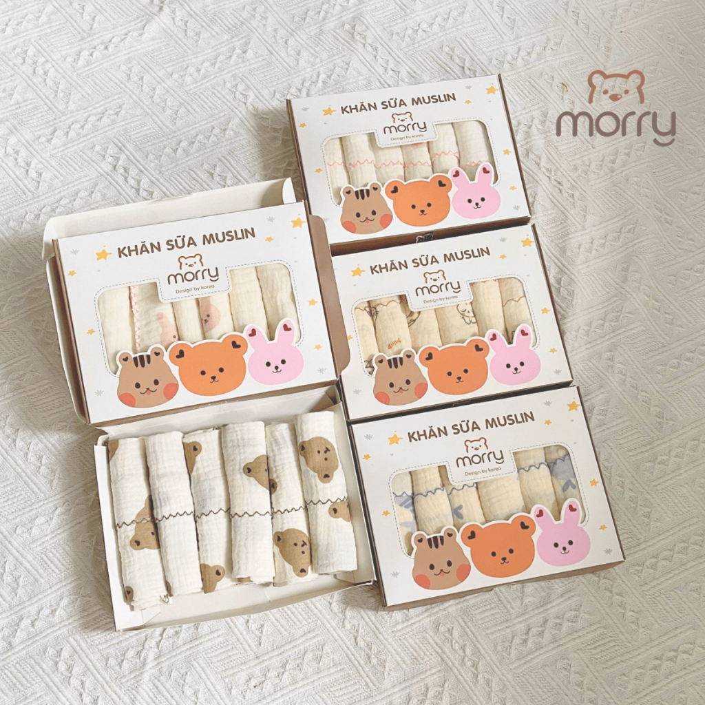 Khăn sữa xô Muslin Morry cho bé 2 lớp cao cấp, mềm mại và an toàn cho da bé - KT 30x30cm Đậu Đậu Store (HỘP 06 KHĂN)