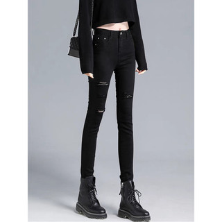 Quần jean nữ đen AMILY phong cách rách lệch 4 đường dáng skinny lưng cao co giãn có BIGSIZE