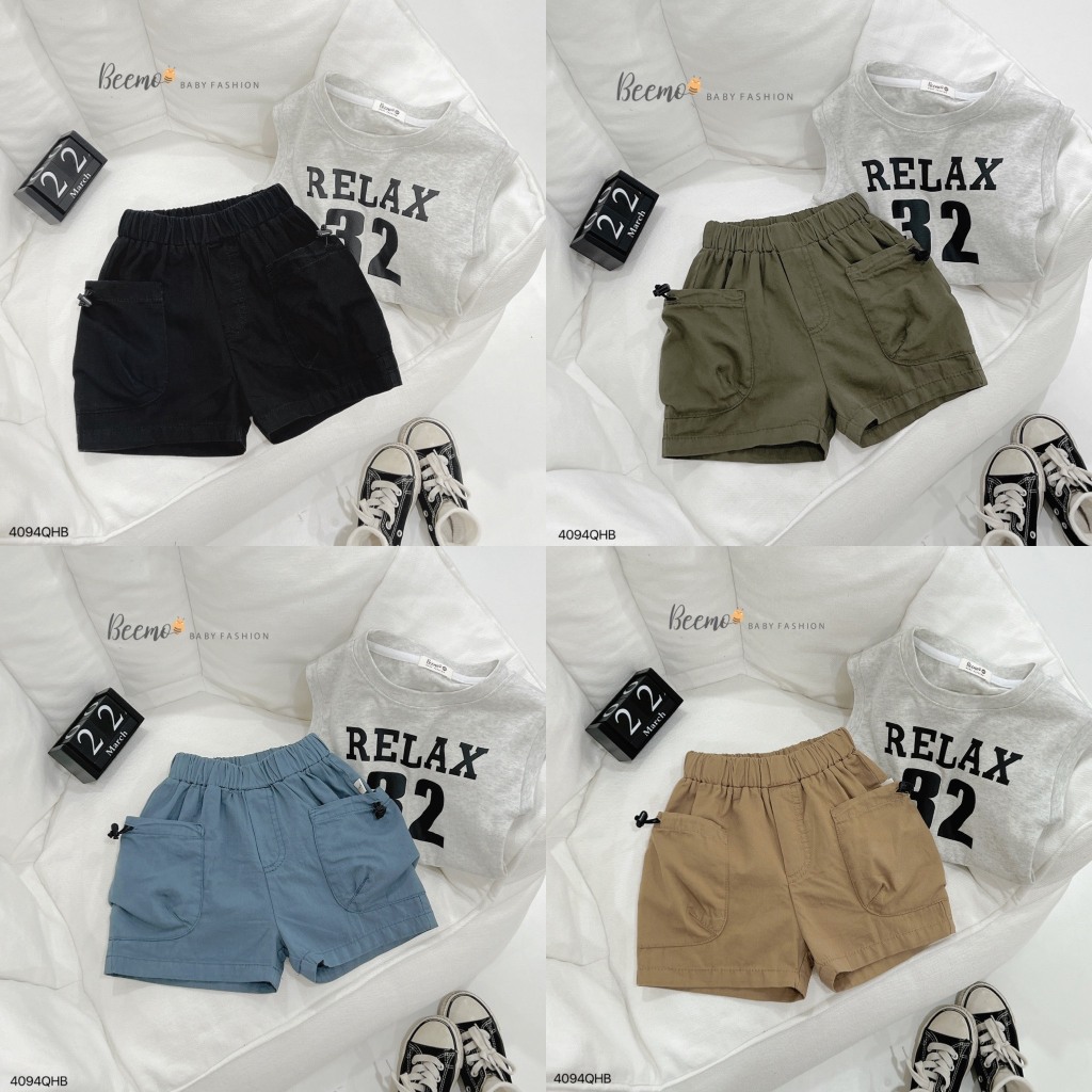 Quần đùi kaki túi hộp bé trai, quần sóc đùi cá tính phong cách cho bé Beemo