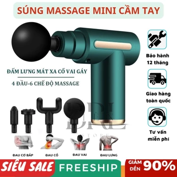 Máy massage cầm tay mini - Súng massage đấm lưng mát xa trị liệu cổ vai gáy 4 đầu 6 chế độ, Máy massage cầm tay