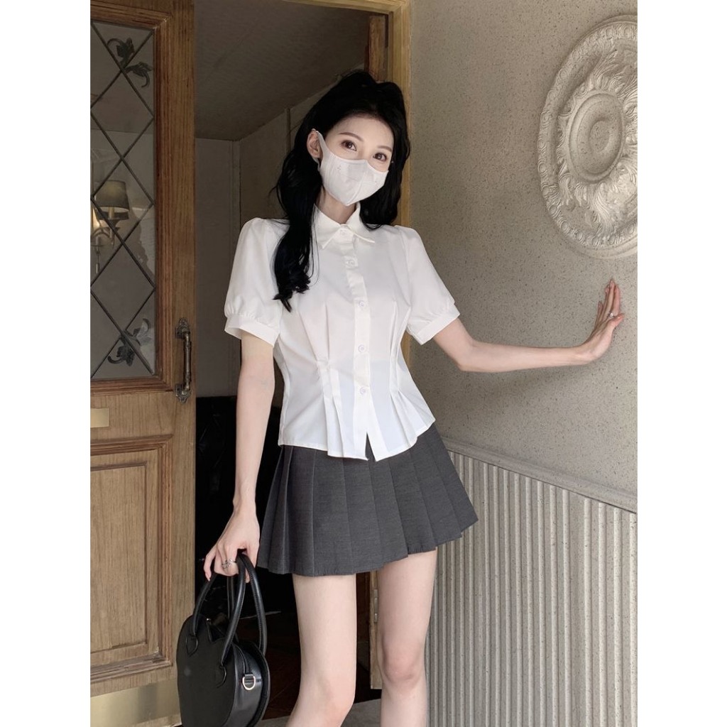 Áo sơ mi croptop thiết kế tay bồng cách điệu cho nữ, áo chiết eo hack dáng phong cách Hàn MT33 SP116