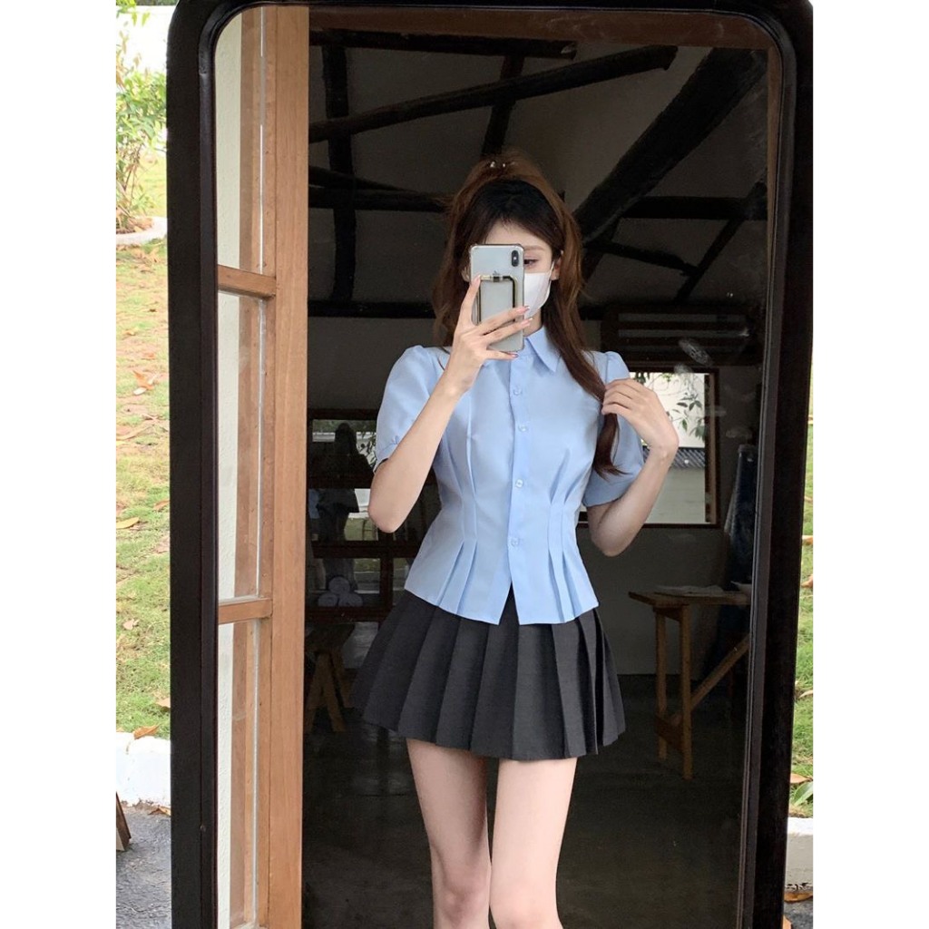 Áo sơ mi croptop thiết kế tay bồng cách điệu cho nữ, áo chiết eo hack dáng phong cách Hàn MT33 SP116