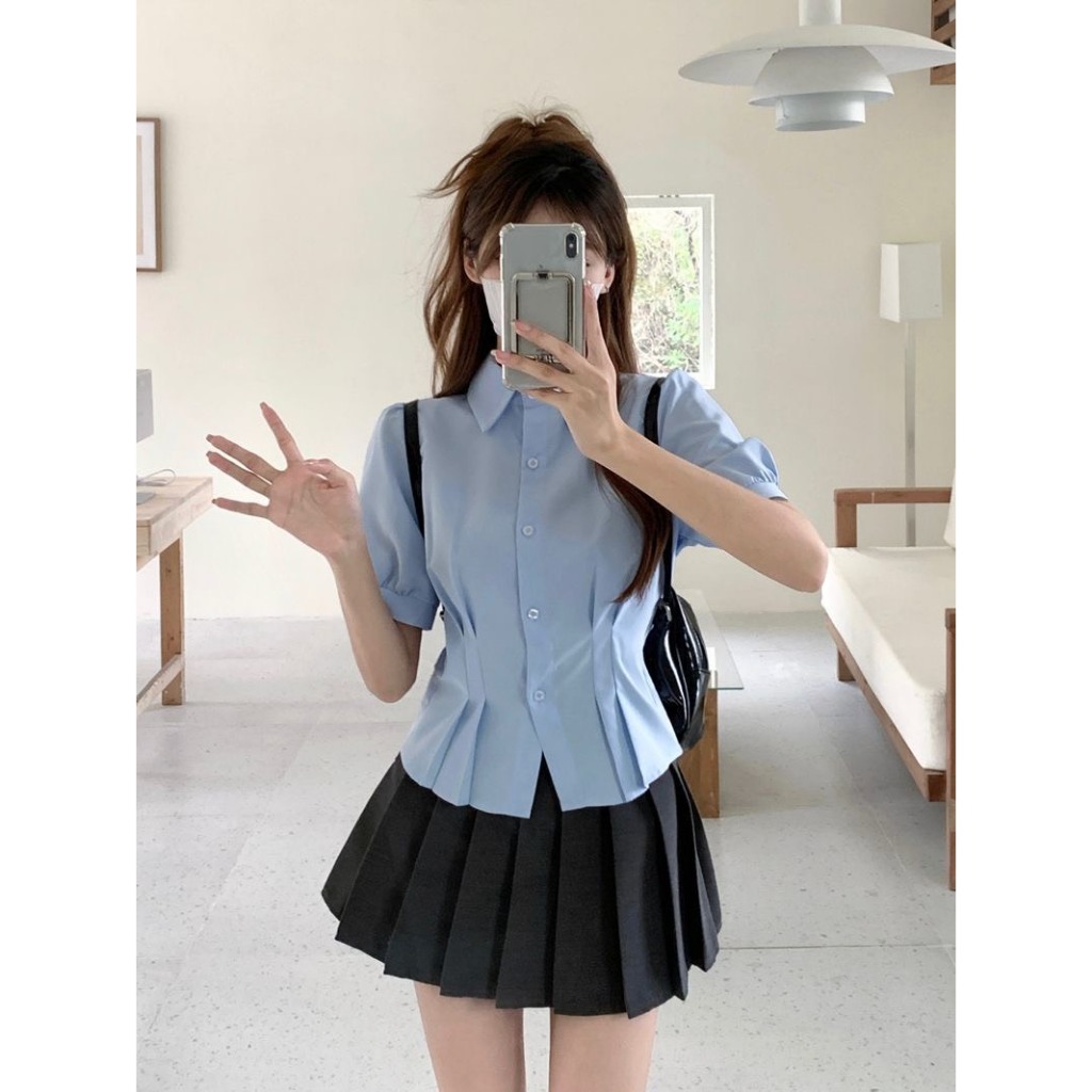Áo sơ mi croptop thiết kế tay bồng cách điệu cho nữ, áo chiết eo hack dáng phong cách Hàn MT33 SP116