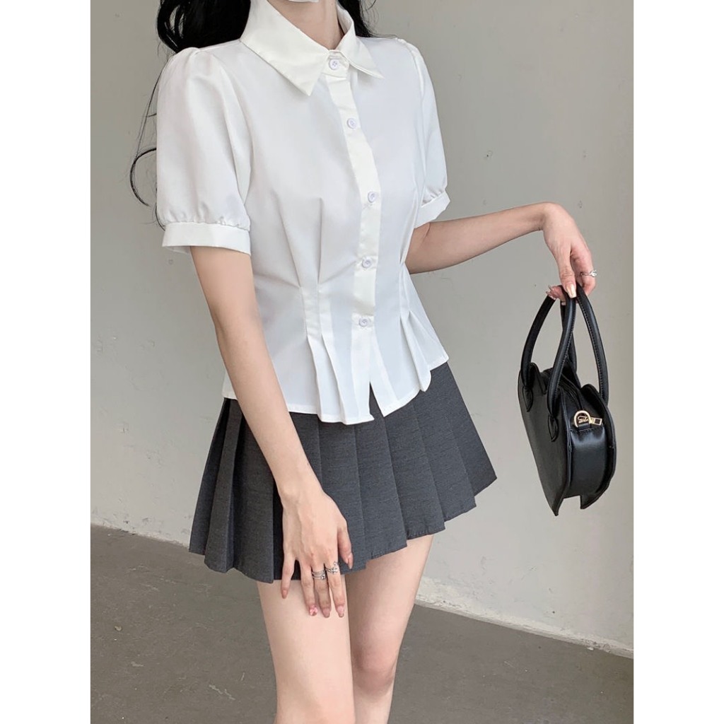 Áo sơ mi croptop thiết kế tay bồng cách điệu cho nữ, áo chiết eo hack dáng phong cách Hàn MT33 SP116