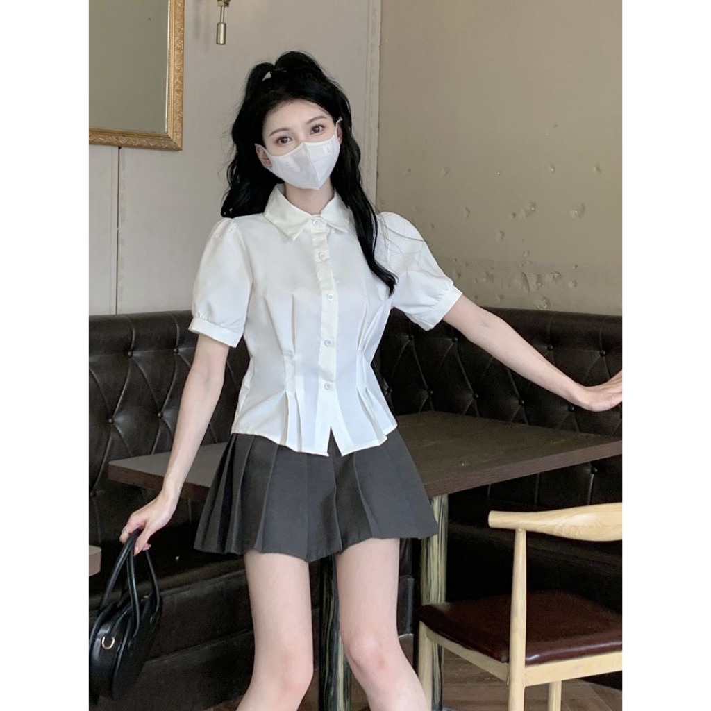 Áo sơ mi croptop thiết kế tay bồng cách điệu cho nữ, áo chiết eo hack dáng phong cách Hàn MT33 SP116