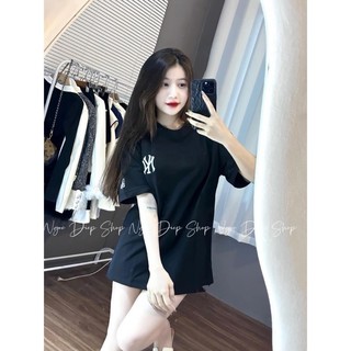 Áo Phông Nữ Thêu Nổi NY Phối Bo Dệt Dáng Rộng Thụng Áo Thun Nữ Ngắn Tay Freesize