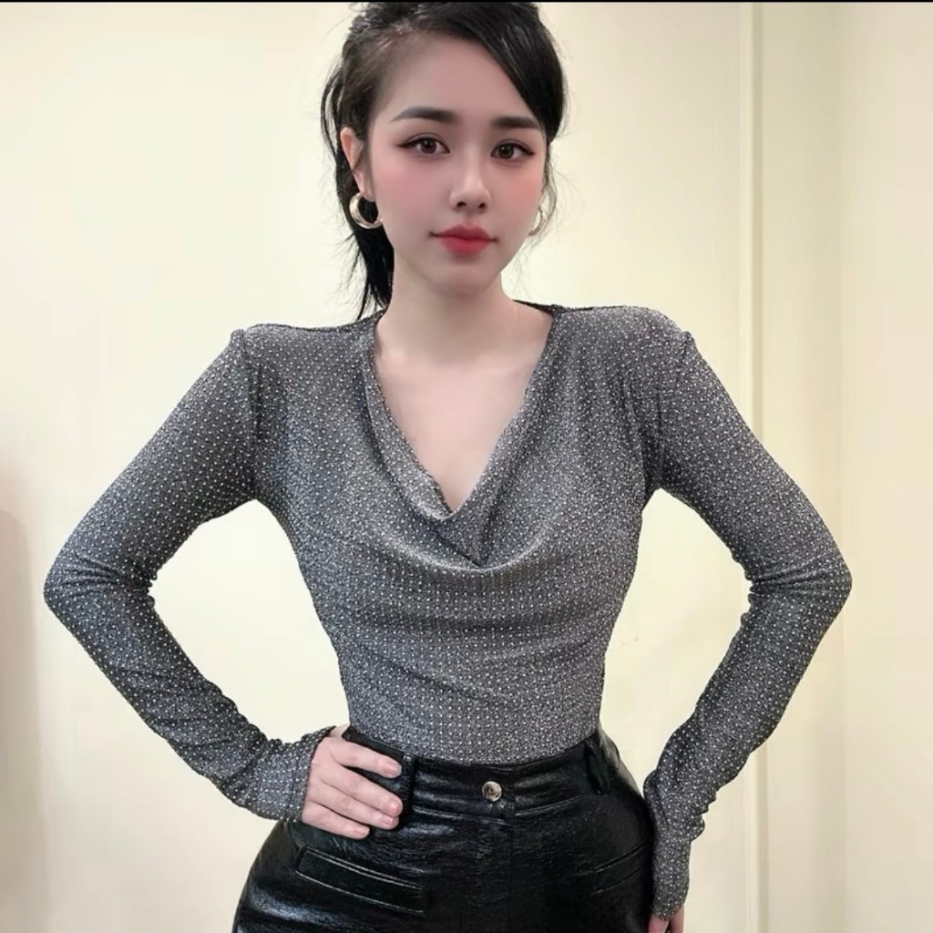 Áo Thun Nữ Bigsize 40-85kg Tay Dài Đính Đá Hottrend - Áo Kiểu Cổ Thuyền Ôm Body Tôn Dáng ESHOP MS009